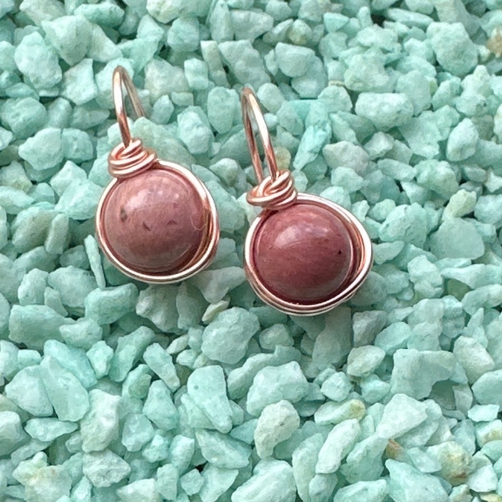 Rhodonite rose gold dangle spheres earrings/ heart chakra healing crystal